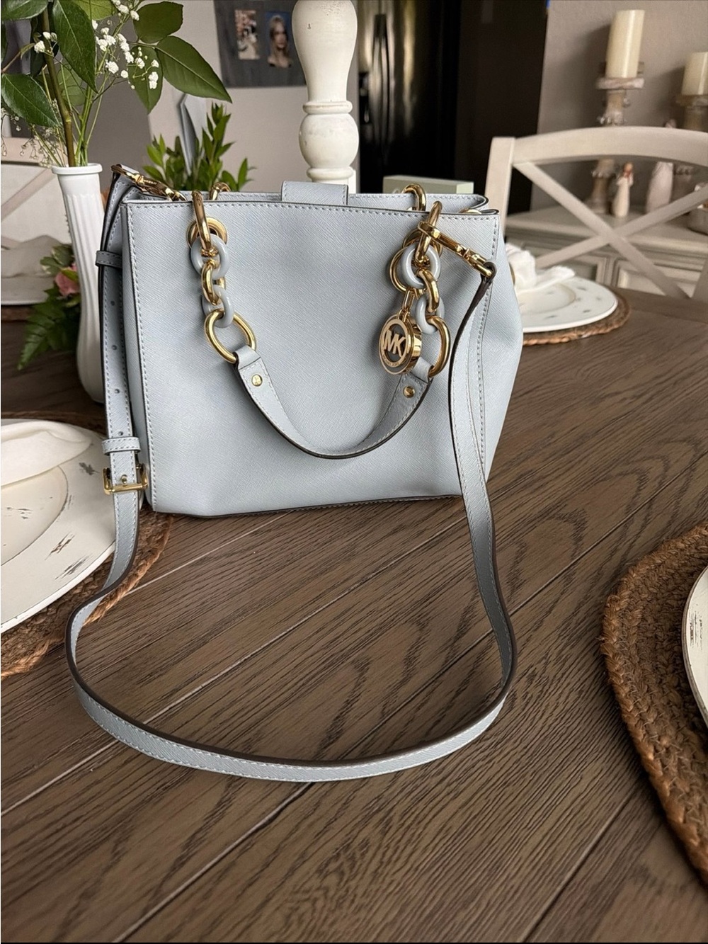Michael Kors Light Blue Structured Leather Satchel Handbag in exc. condition
